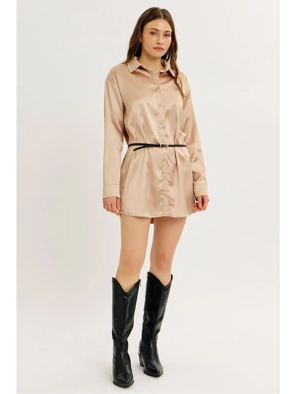 Champagne Satin Button-Front Shirt Mini Dress – 616